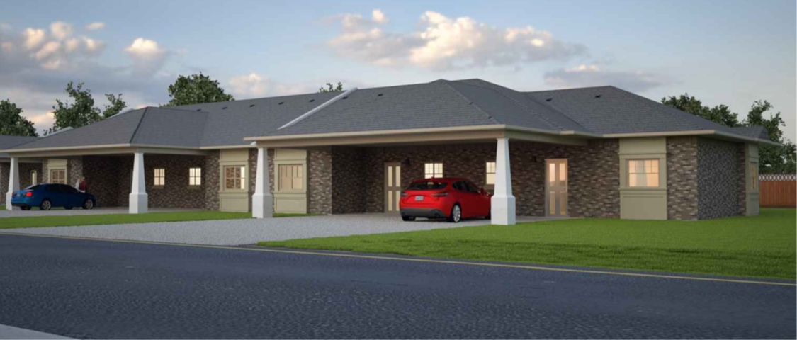 This is a 3D architectural rendering of a long, single-storey building with a dark gray shingled roof. The lower walls have dark stone veneer and the upper walls feature light beige siding. White square columns support covered walkways along the front, which include multiple entrances and windows. In the foreground, a paved driveway and bright green lawn sit in front of a dark asphalt road with a yellow line. A dark blue sedan is parked on the left with a person in red standing beside it. A red SUV is parked under the covered walkway. The building is framed by green trees under a blue sky with white clouds.