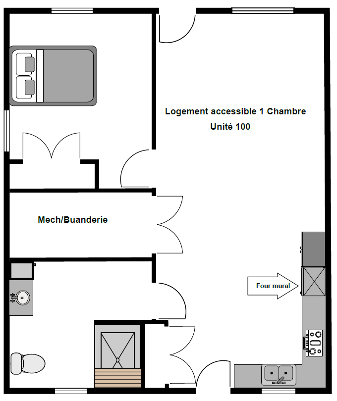Plan d’aménagement d’un logement accessible d’une chambre, identifié « Unité 100 ». La chambre est située en haut à gauche du plan et comprend un lit illustré. Un espace mécanique et buanderie est situé au centre gauche. La salle de bain accessible se trouve en bas à gauche et comprend une toilette, un lavabo et une douche sans seuil. La pièce principale ouverte occupe la partie droite du plan et comprend l’espace salon ainsi qu’une cuisine en forme de L, avec évier, cuisinière et un four mural indiqué. Les portes, murs intérieurs et zones de circulation sont clairement dessinés, indiquant un aménagement conçu pour l’accessibilité. Le plan est présenté en vue de dessus, en noir et blanc, avec les éléments essentiels schématisés