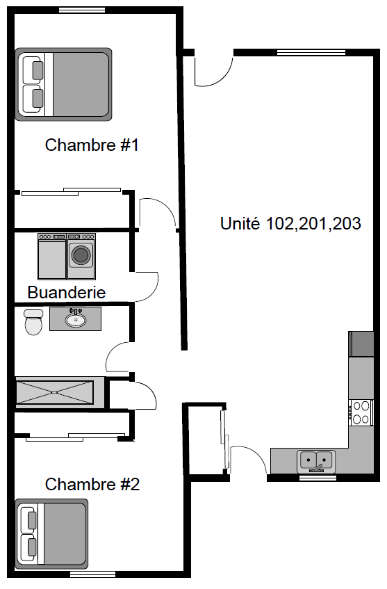 Plan d’aménagement d’un logement identifié « Unité 102, 201, 203 ». Le plan montre deux chambres séparées, nommées « Chambre #1 » et « Chambre #2 », situées de part et d’autre d’un couloir central. Entre les chambres se trouvent une salle de bain et une buanderie distincte. La pièce principale ouverte occupe le côté droit du plan et comprend l’espace salon et une cuisine linéaire, avec évier et cuisinière représentés. Les portes, murs intérieurs et fenêtres sont clairement indiqués en traits noirs. Le plan est présenté en vue de dessus, en noir et blanc, avec le mobilier de base illustré.