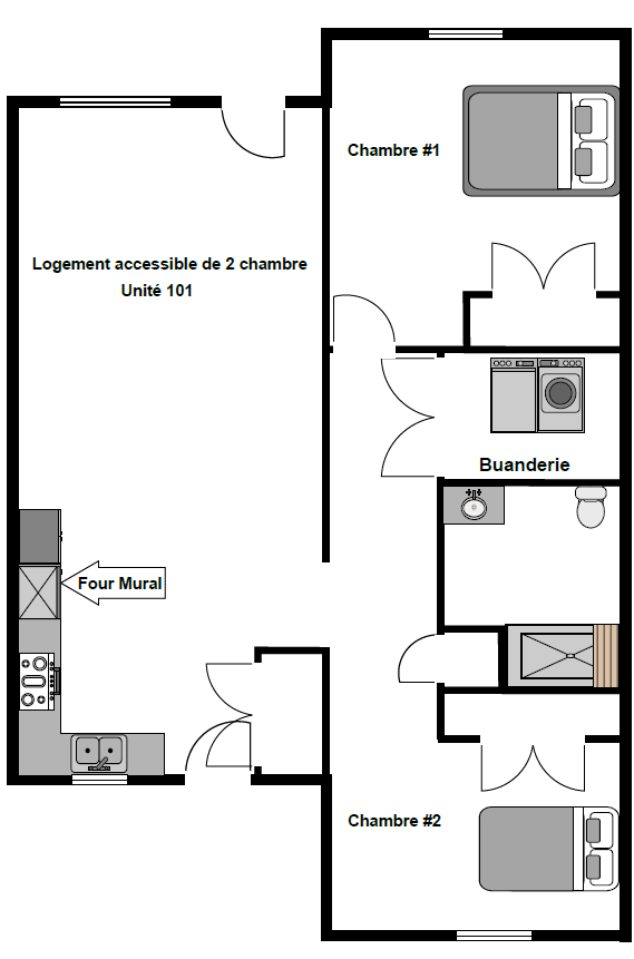 Plan d’aménagement d’un logement identifié « Unité 102, 201, 203 ». Le plan montre deux chambres séparées, nommées « Chambre #1 » et « Chambre #2 », situées de part et d’autre d’un couloir central. Entre les chambres se trouvent une salle de bain et une buanderie distincte. La pièce principale ouverte occupe le côté droit du plan et comprend l’espace salon et une cuisine linéaire, avec évier et cuisinière représentés. Les portes, murs intérieurs et fenêtres sont clairement indiqués en traits noirs. Le plan est présenté en vue de dessus, en noir et blanc, avec le mobilier de base illustr