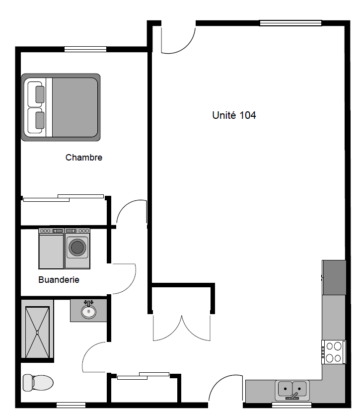 Plan d’aménagement d’un logement identifié « Unité 104 ». Le plan présente une chambre située à gauche, équipée d’un lit illustré. À proximité se trouvent une buanderie distincte et une salle de bain comprenant une toilette, un lavabo et une douche. Un couloir mène vers la pièce principale ouverte occupant la majeure partie du côté droit du plan. Cette pièce regroupe l’espace salon et une cuisine linéaire installée le long du mur droit, avec évier, cuisinière et réfrigérateur représentés. Les portes intérieures, murs et fenêtres sont indiqués par des traits noirs. Le plan est présenté en vue de dessus, en noir et blanc, avec le mobilier de base schématisé.